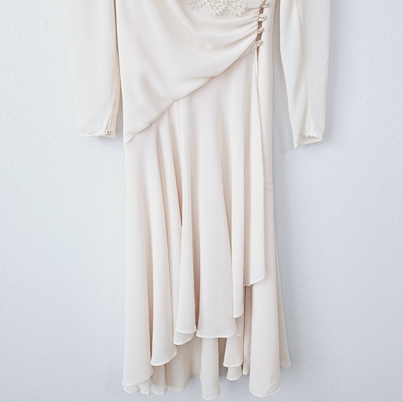 Vintage J.Harris 80s Wrap Lace Chiffon Pearls Romantic Long Sleeve Midi Dress - Picture 8 of 16